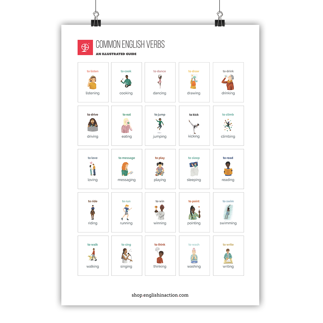 25 Common English Verbs Poster | EFL Resource for Teaching Verbs - shop.englishinaction.com