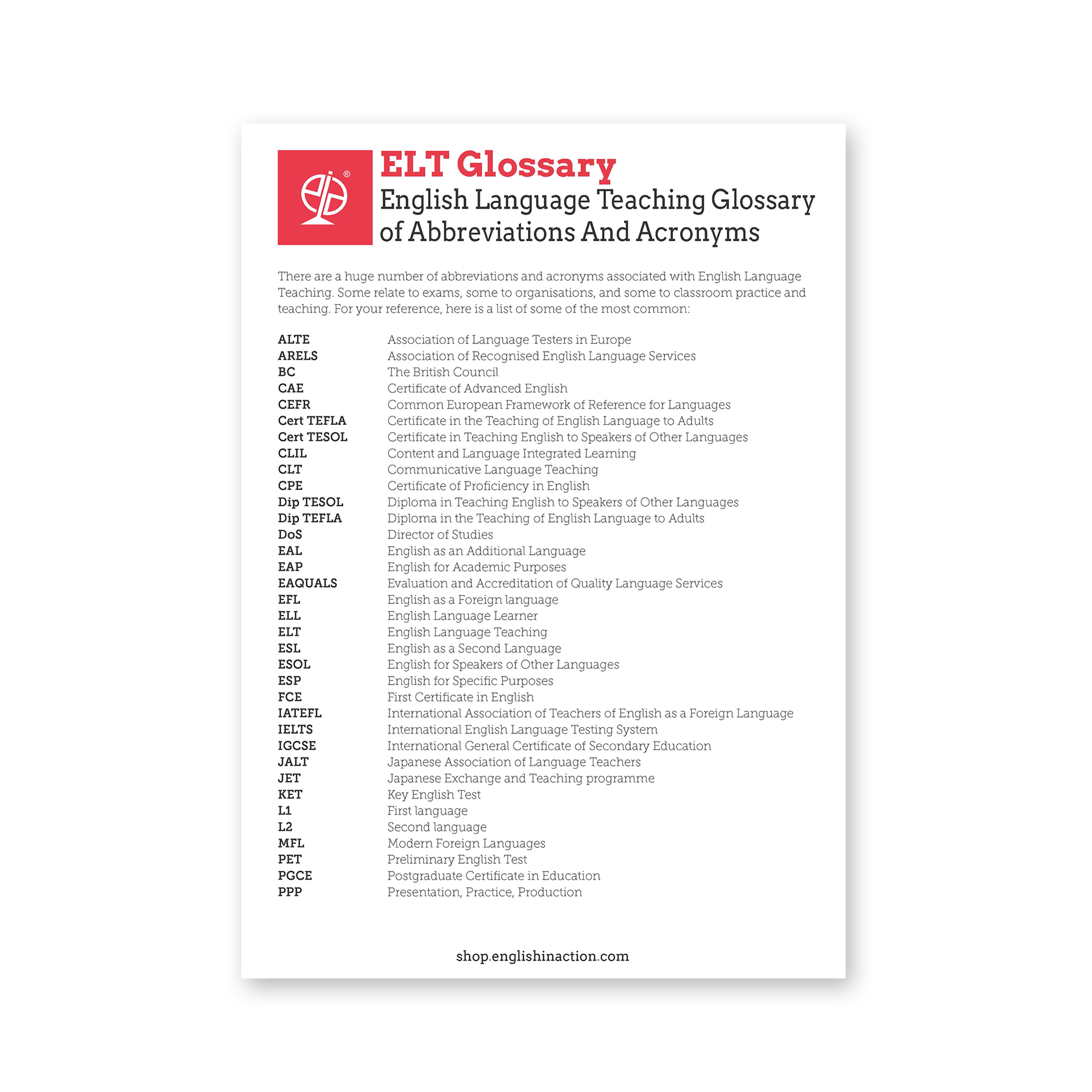 ELT Glossary | Abbreviations and English Exam Acronyms for TEFL and EFL Teachers - TEFL-Toolkit.com