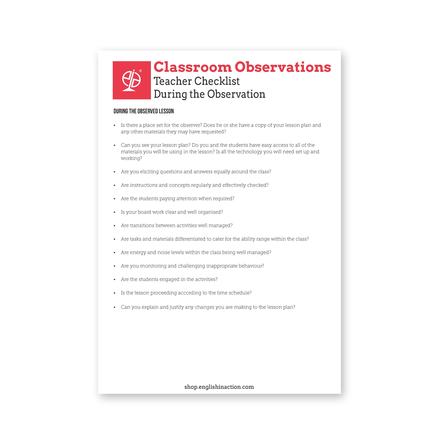 Classroom Observation Checklist | TEFL/ESOL Resource for Teacher Evaluation