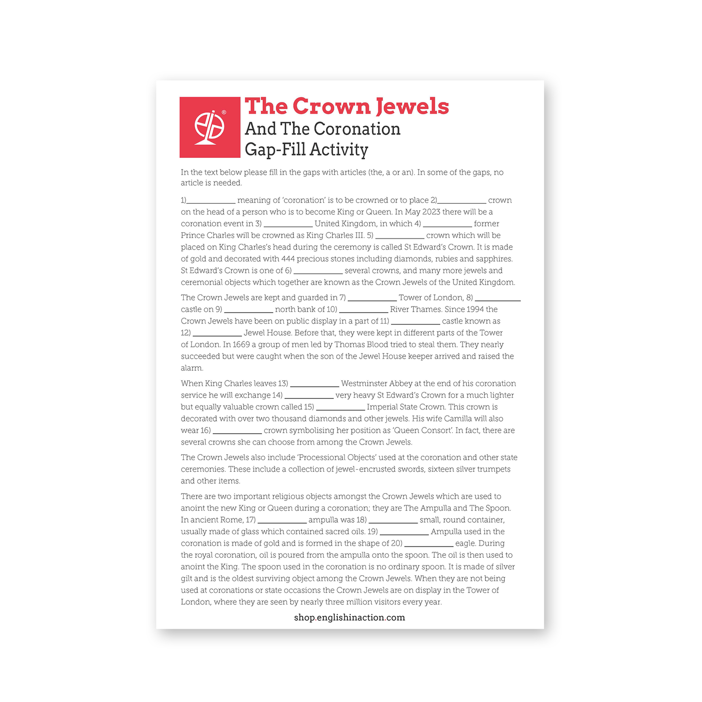 The Crown Jewels & Coronation | EFL Gap Fill Worksheet for Teaching Articles and British Culture