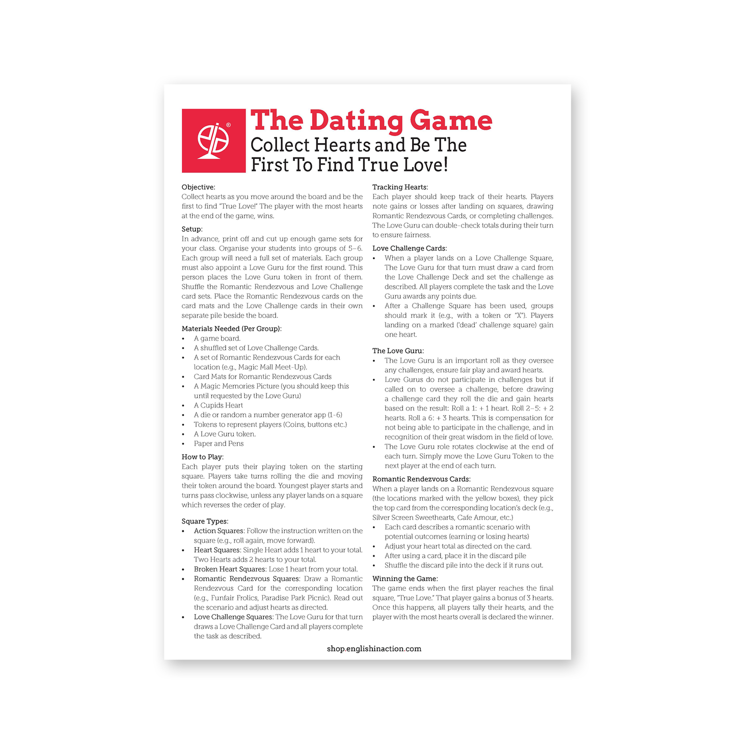 The Dating Game | Downloadable ESL Board Game - TEFL-Toolkit.com