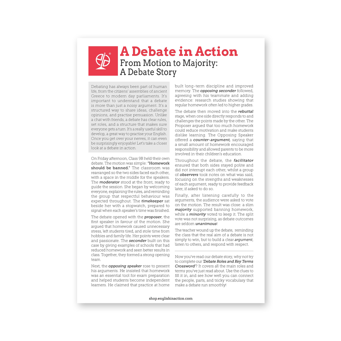 A Debate in Action | ESL Debate Story & Vocabulary Crossword for Classroom Learning
