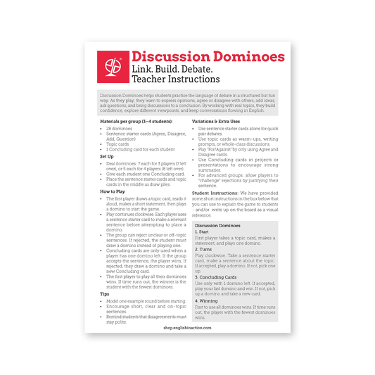Discussion Dominoes | ESL Speaking Activity for Debates, Opinions & Teamwork - TEFL-Toolkit.com