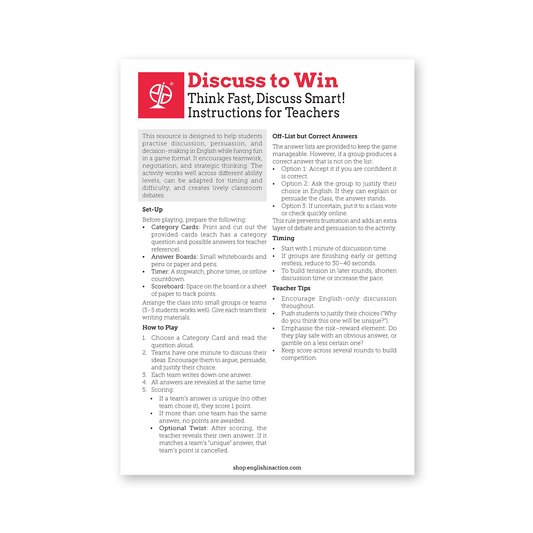 Discuss to Win | ESL Discussion Game for Teamwork, Persuasion & Critical Thinking - TEFL-Toolkit.com