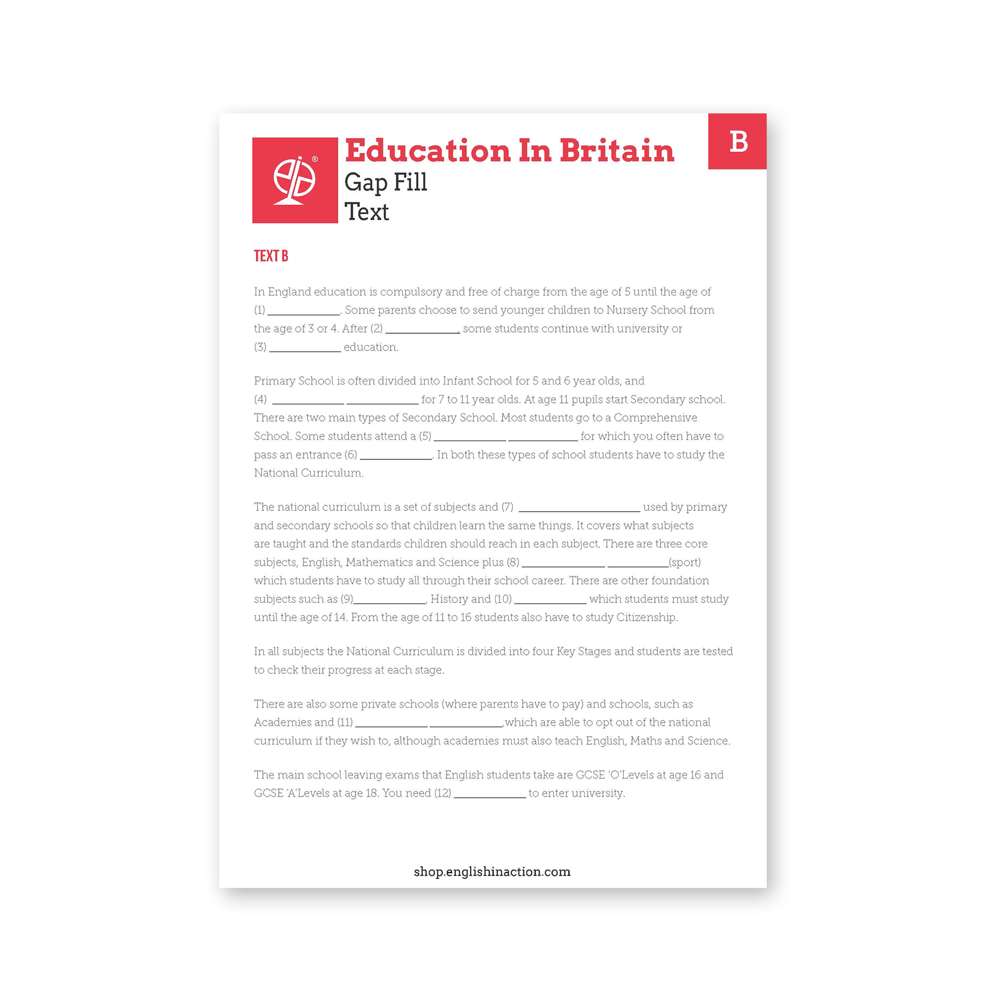 Education in Britain | EFL Gap Fill Worksheet on the UK School System - TEFL-Toolkit.com