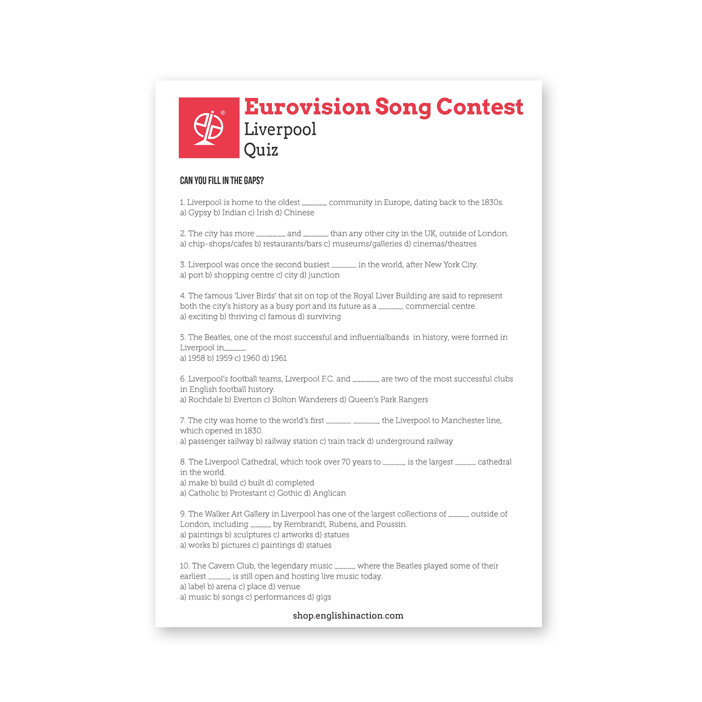 Eurovision and Liverpool Quiz | EFL Worksheet on Music, Culture and British Landmarks - TEFL-Toolkit.com