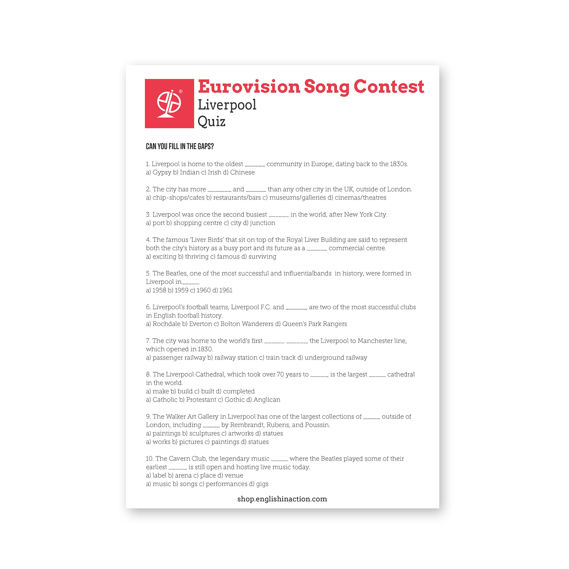 Eurovision and Liverpool Quiz | EFL Worksheet on Music, Culture and British Landmarks - TEFL-Toolkit.com