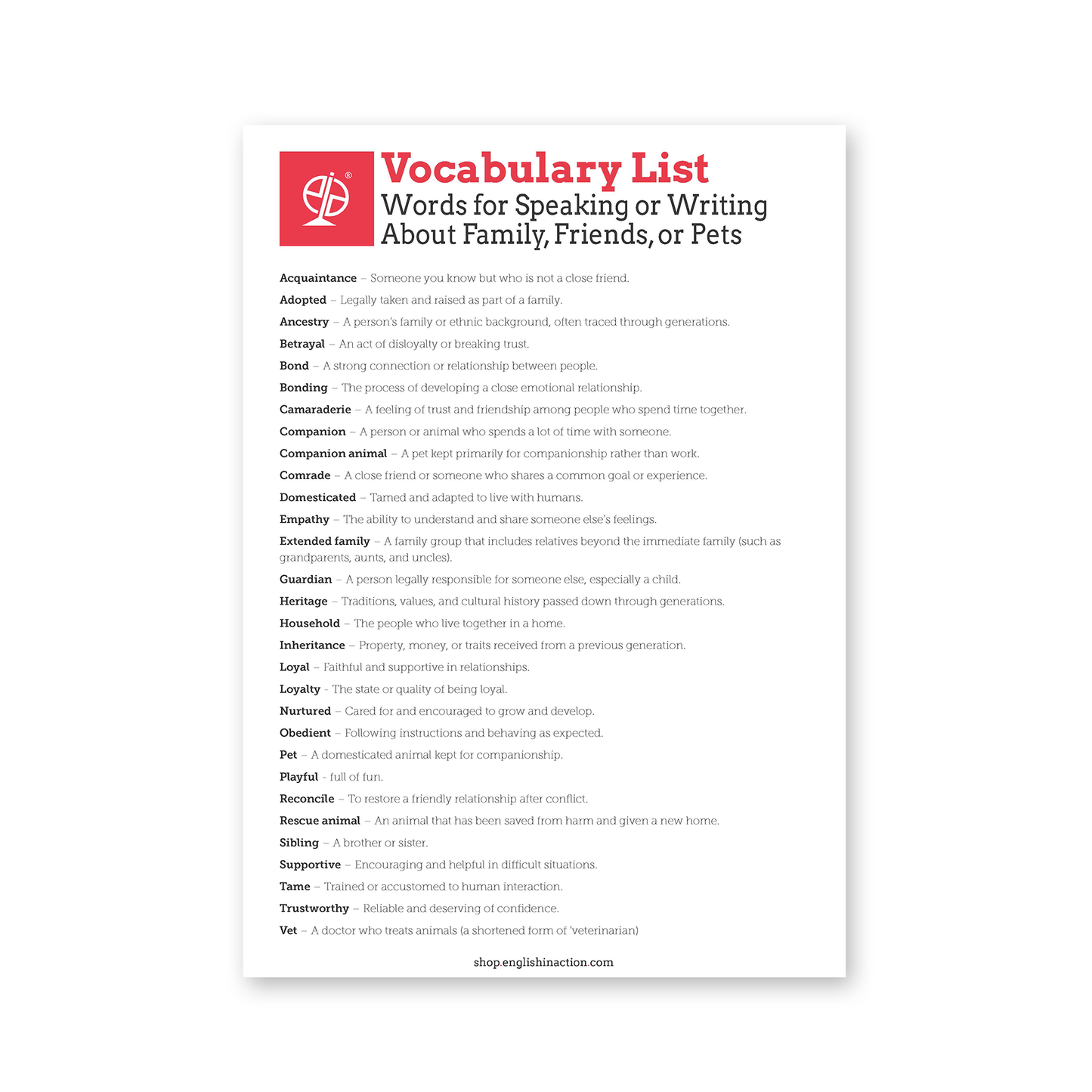 Family, Friends and Pets Vocabulary | EFL Worksheet