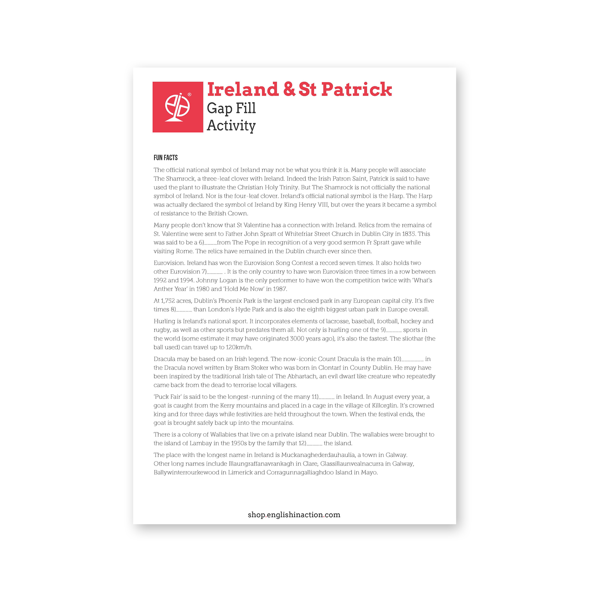 Ireland and St Patrick's Day | Gap Fill Worksheet | EFL Worksheet - TEFL-Toolkit.com