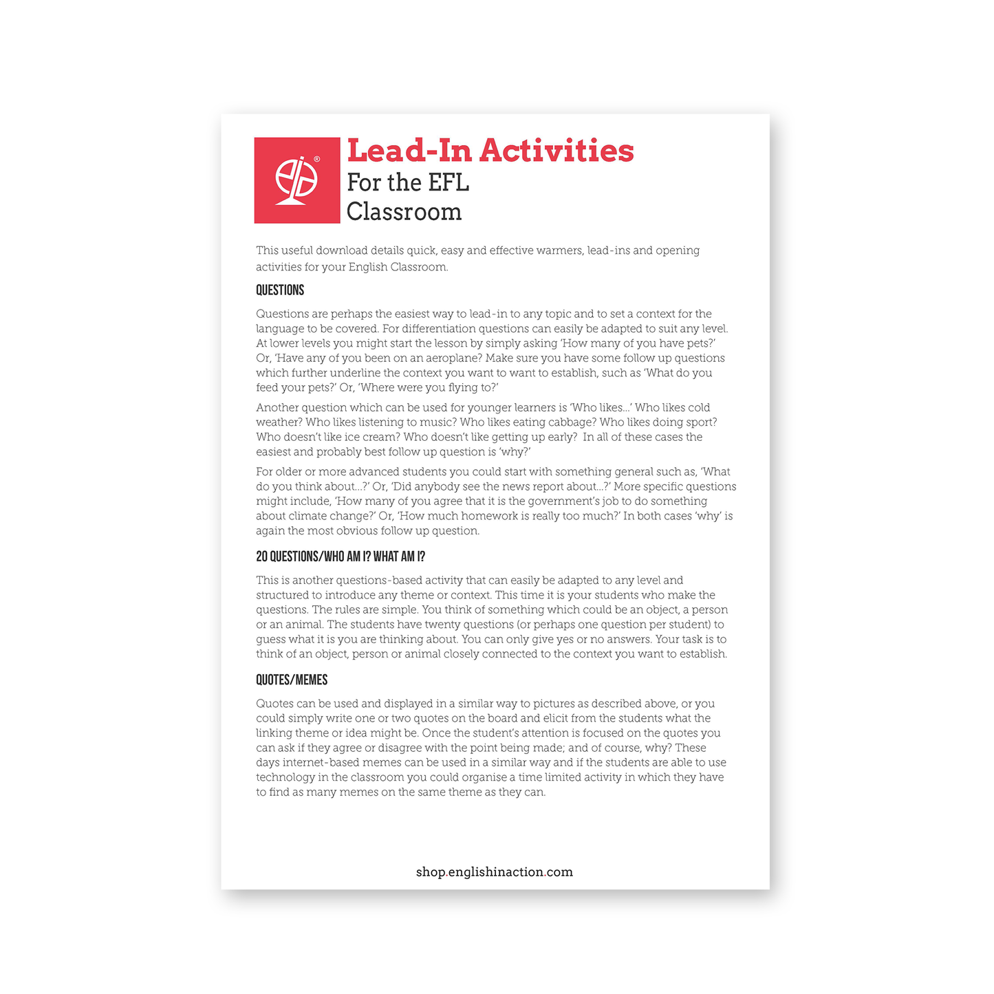 TEFL/ESOL Lead-In Activities | EFL Resource - TEFL-Toolkit.com
