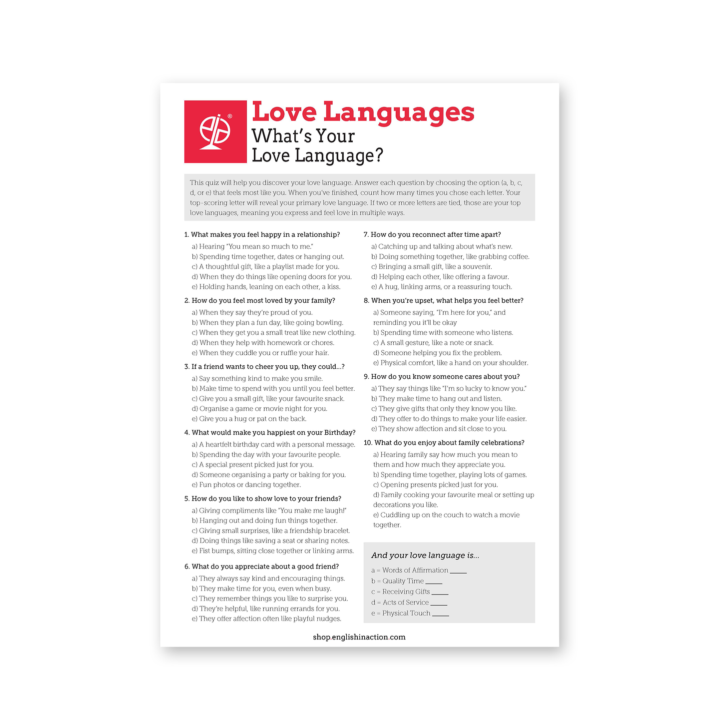 Love Languages Text and Quiz | EFL Resource