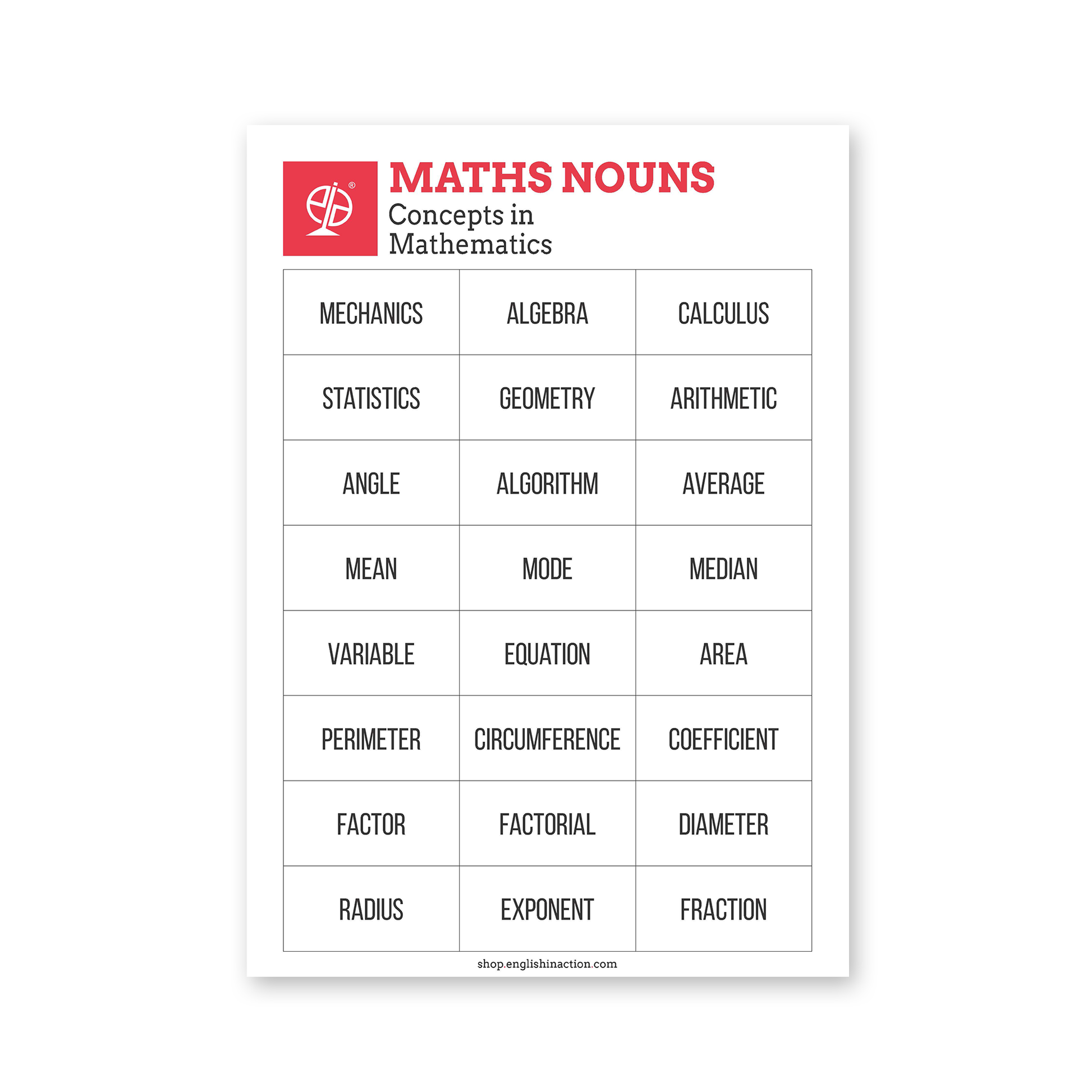 Maths Nouns Vocabulary Cards | EFL Resource - TEFL-Toolkit.com