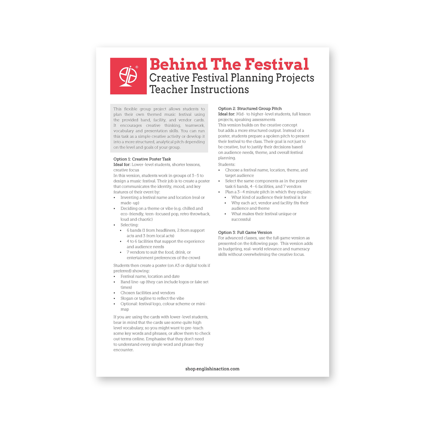 Behind the Festival | ESL Music Festival Planning Game & Creative Project Task - shop.englishinaction.com