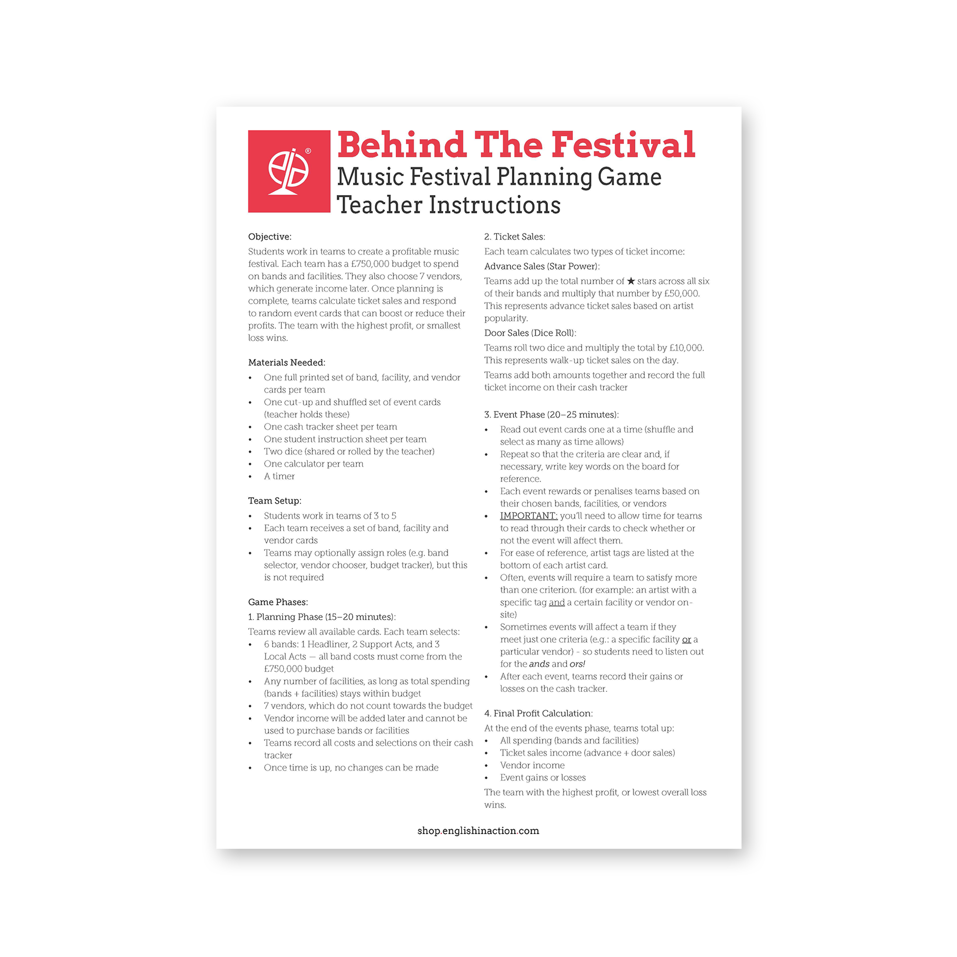 Behind the Festival | ESL Music Festival Planning Game & Creative Project Task - shop.englishinaction.com