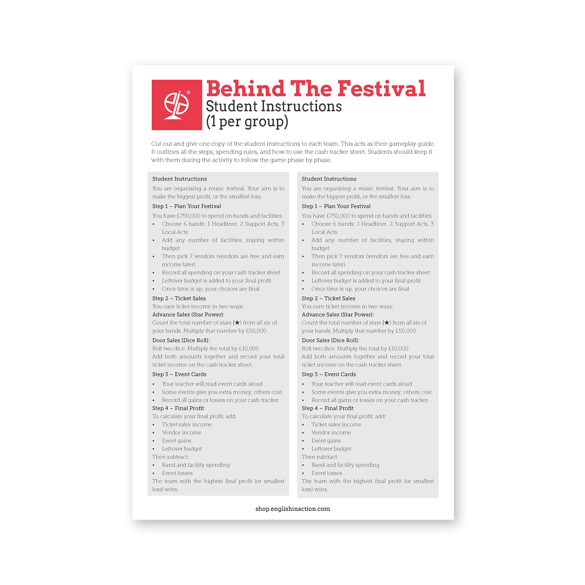 Behind the Festival | ESL Music Festival Planning Game & Creative Project Task - shop.englishinaction.com