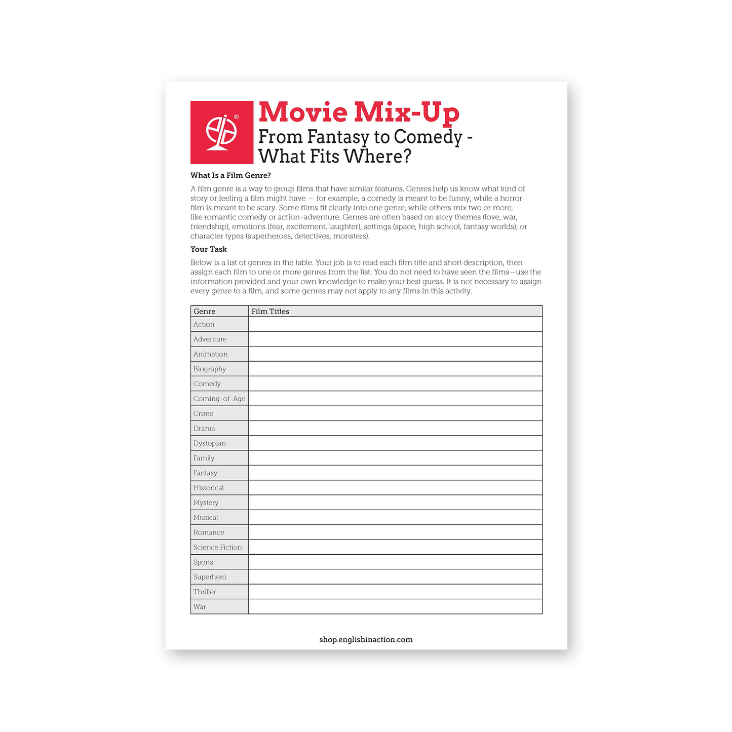 Movie Mix-Up | Genre Matching & Film Literacy Task for English Learners