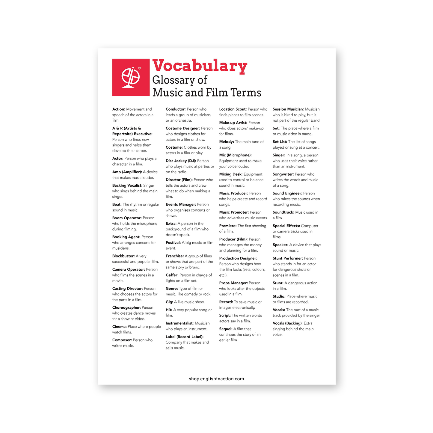 Music & Film Vocabulary | ESL Wordsearches, Crosswords & Printable Cards