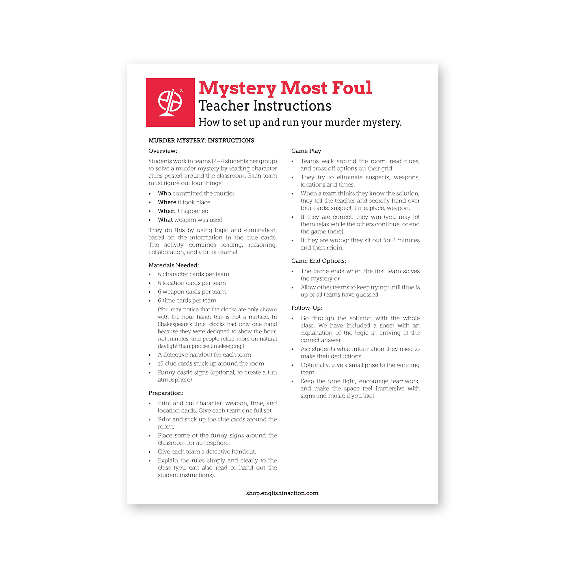 Mystery Most Foul | Shakespeare-Themed EFL Murder Mystery Activity - TEFL-Toolkit.com