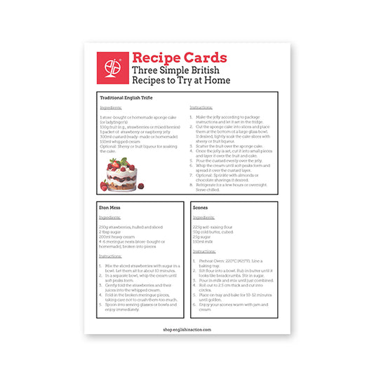 British Food Recipe Cards  | Simple EFL Resource for Home Practice - shop.englishinaction.com