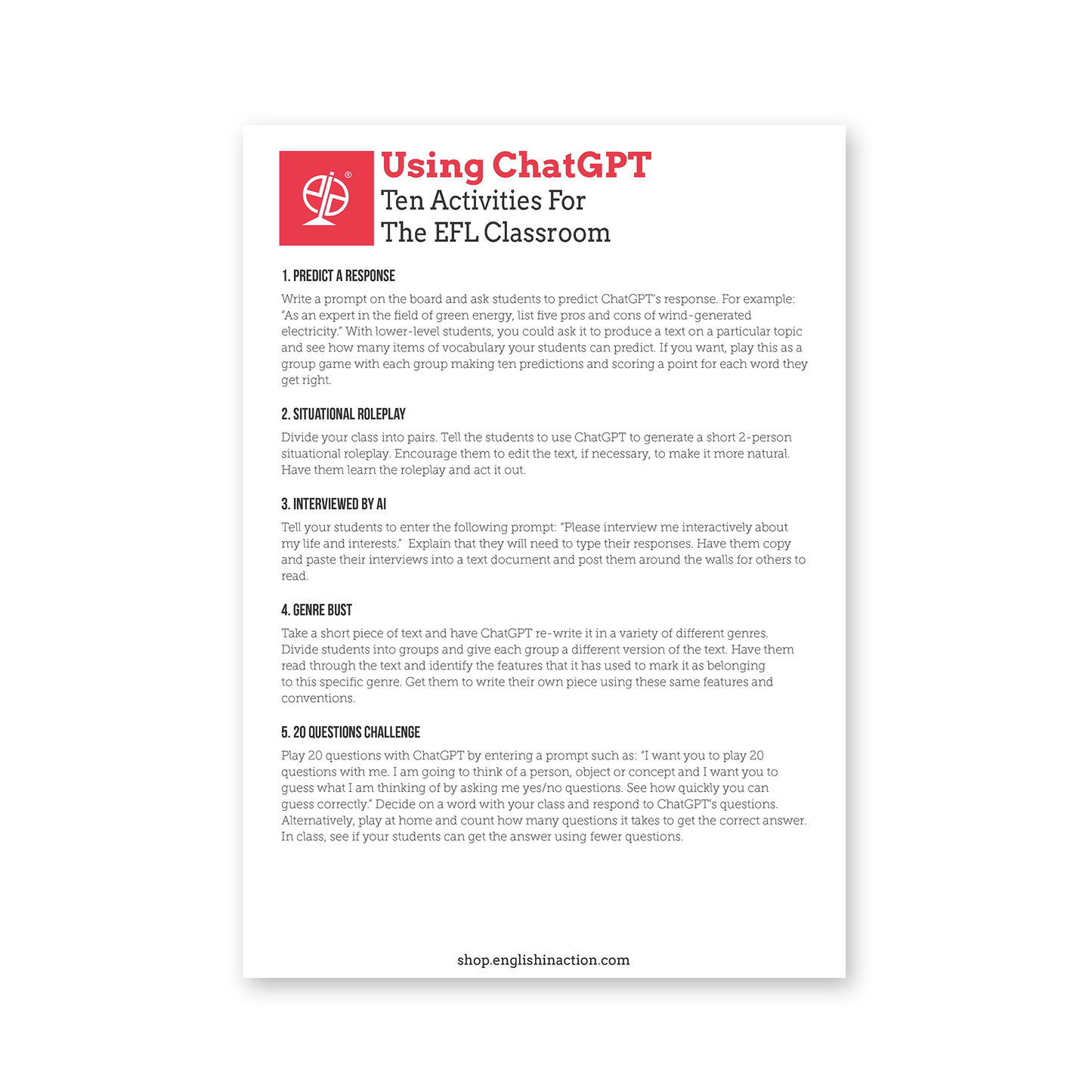 Using ChatGPT | Ten Activities for the TEFL Classroom | EFL Resource