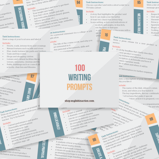 100 Writing Prompts | TEFL Activity Cards for Creative, Exam and Everyday Writing Practice - shop.englishinaction.com