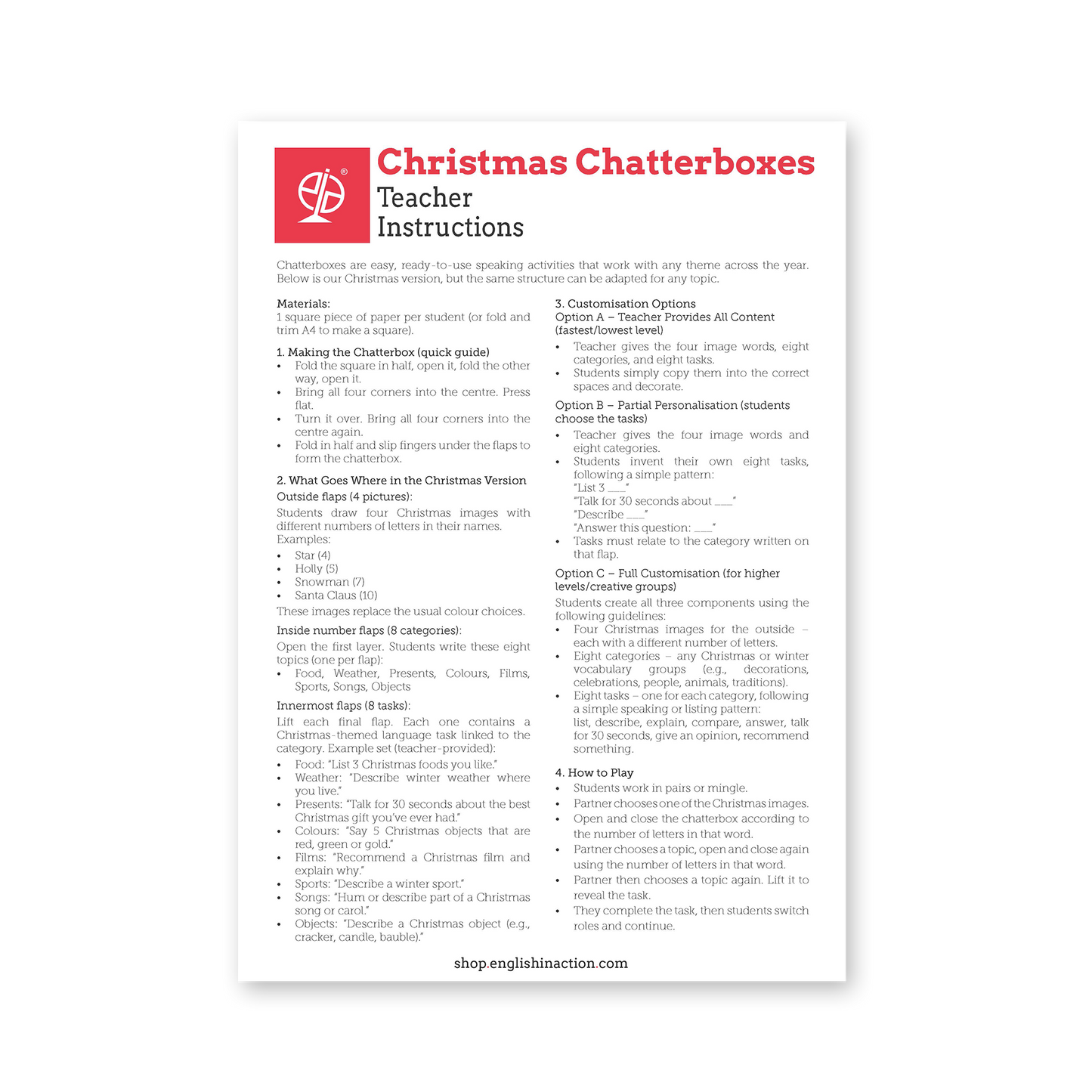 Christmas Chatterboxes | Christmas EFL Speaking and Vocabulary Game