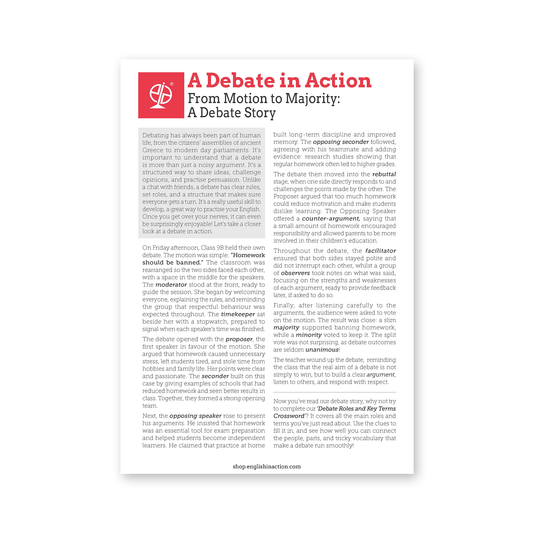 A Debate in Action | ESL Debate Story & Vocabulary Crossword for Classroom Learning