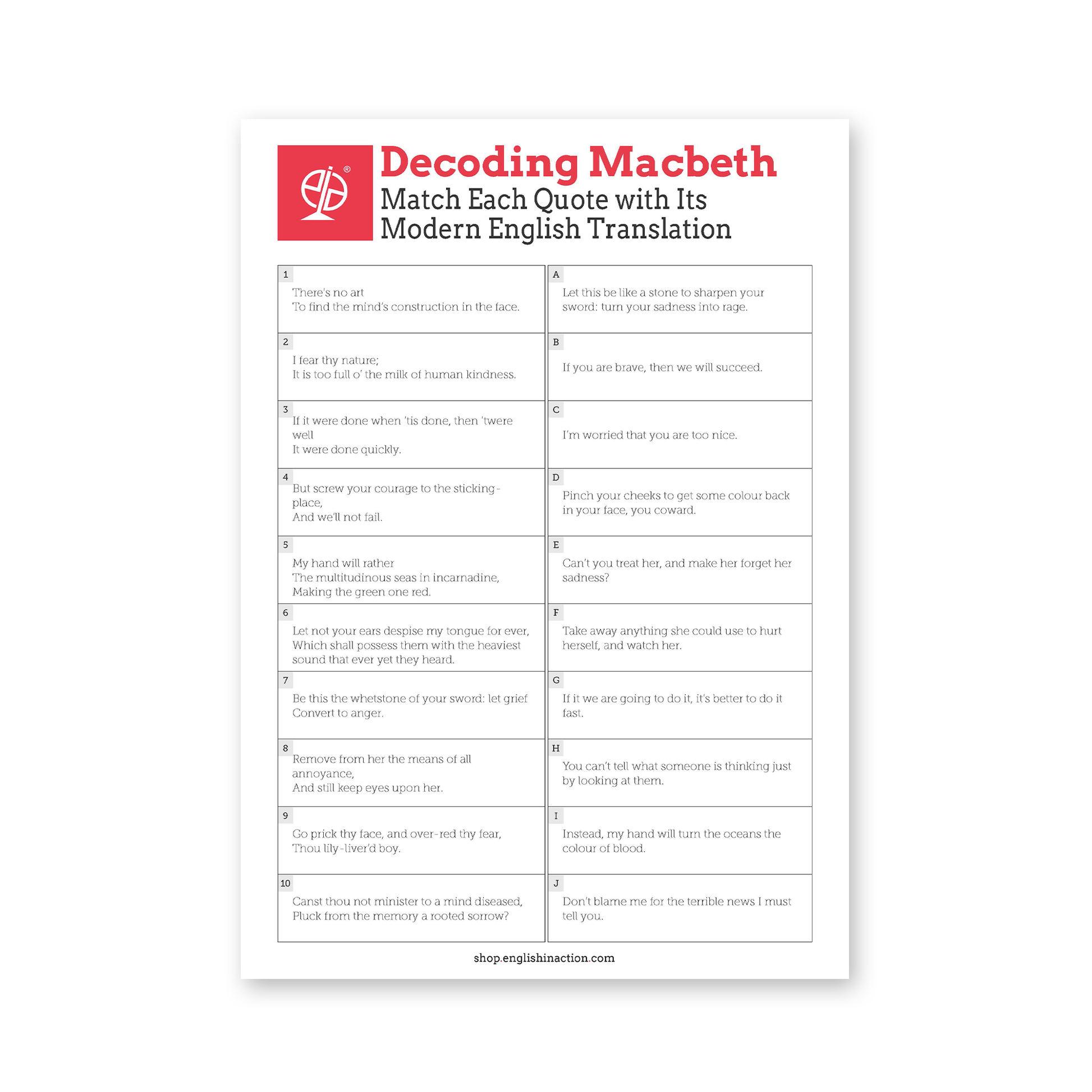 Decoding Macbeth | EFL Worksheet Matching Shakespeare Quotes with Modern English - TEFL-Toolkit.com
