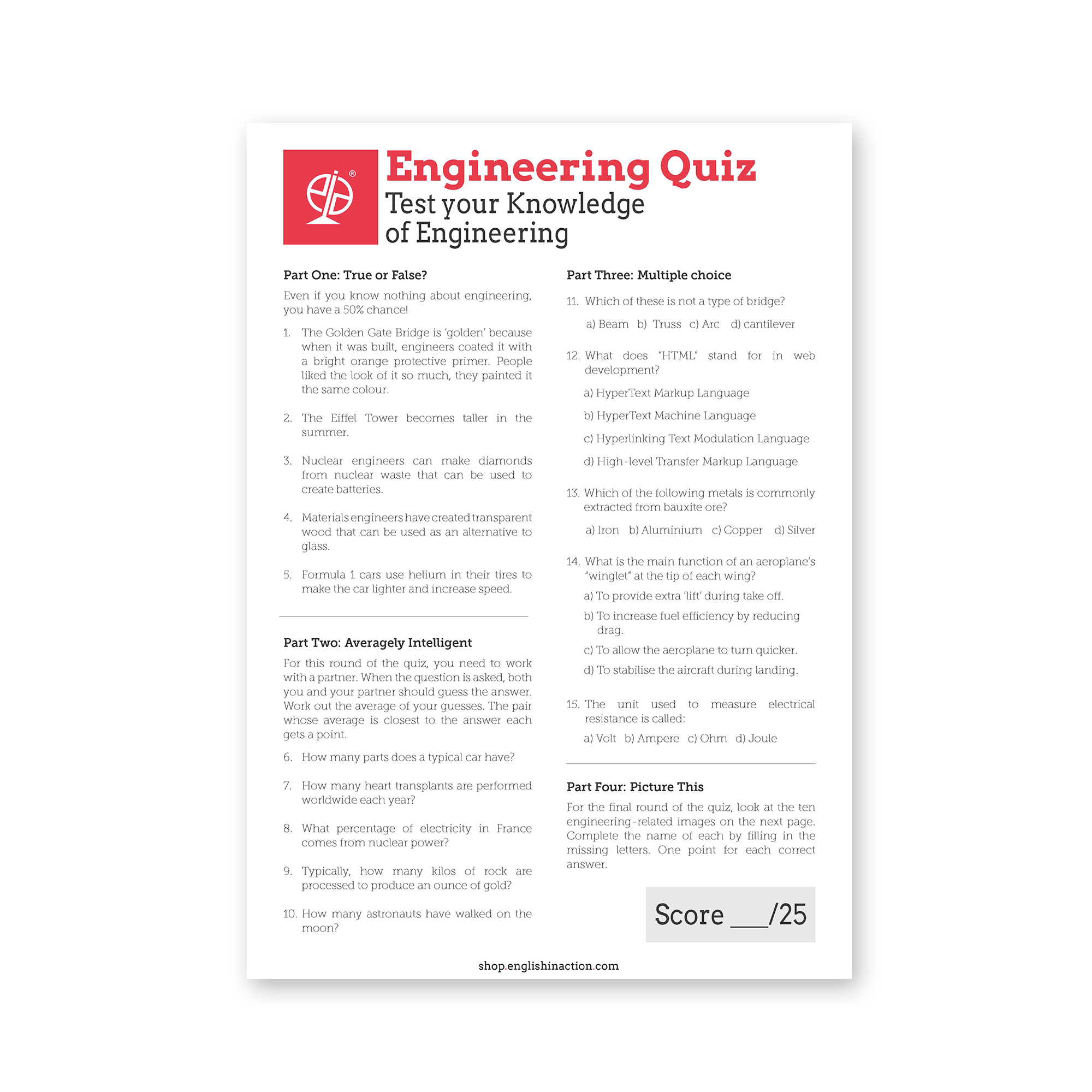 Engineering Science Questions Engineering Quiz | EFL Resource for Design and Construction Topics ...