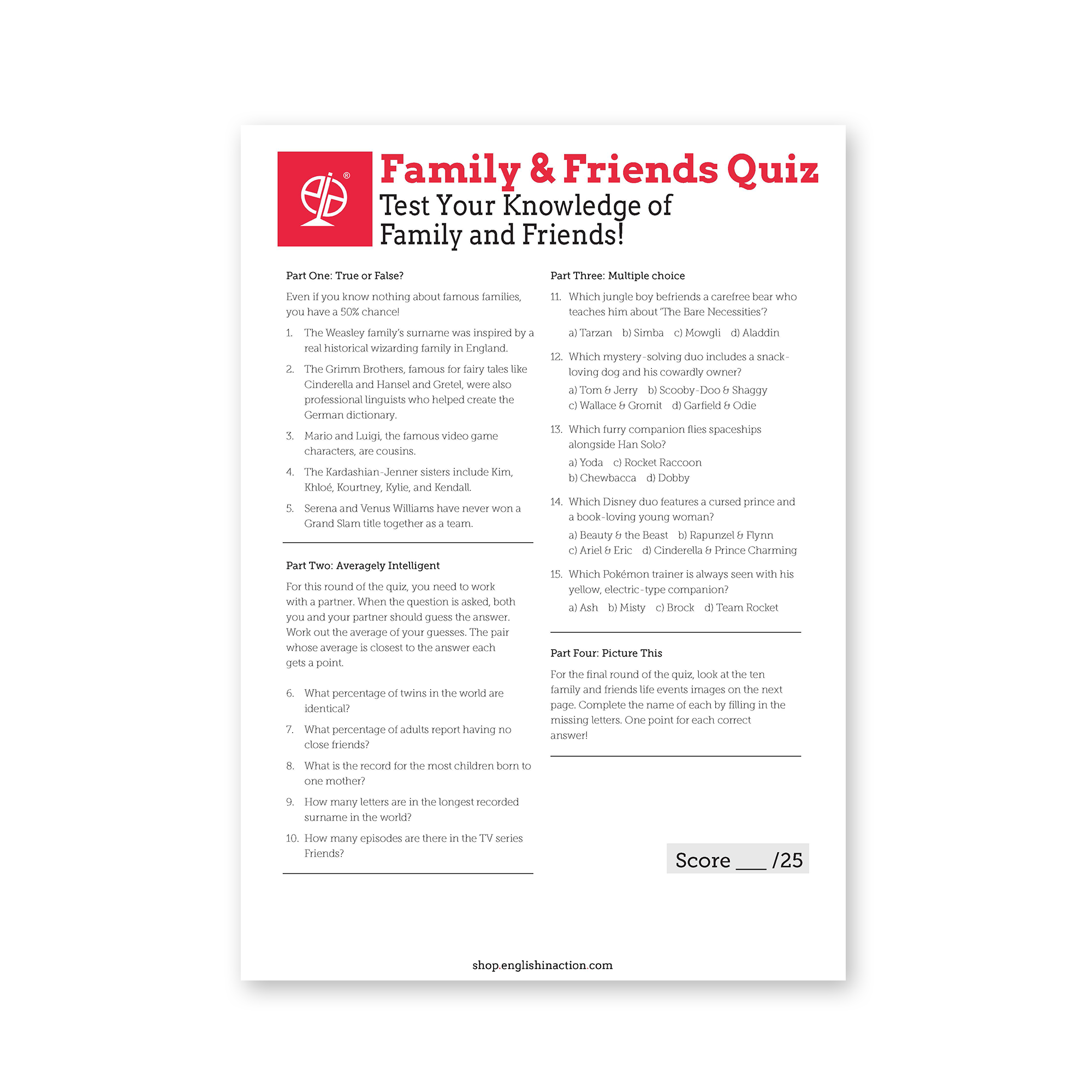Friends and Family Quiz | ESL Classroom Activity on Relationships and ...