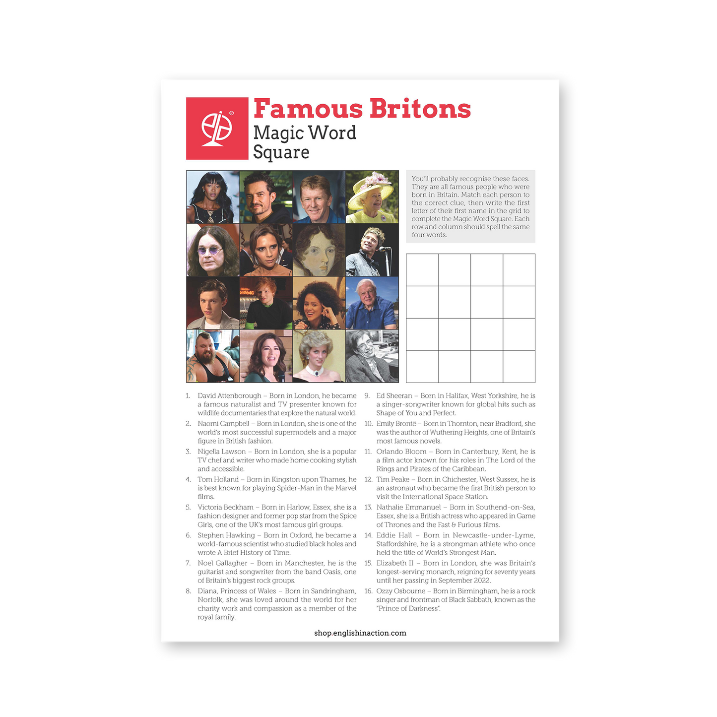 Famous Britons Magic Word Square | ESL Cultural Knowledge Puzzle