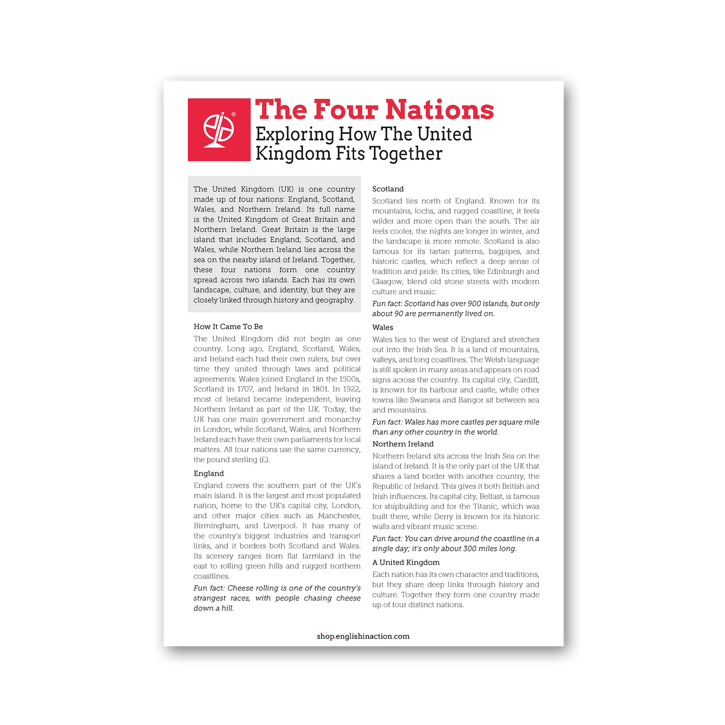 The Four Nations | Discover the UK Reading and Matching Activity