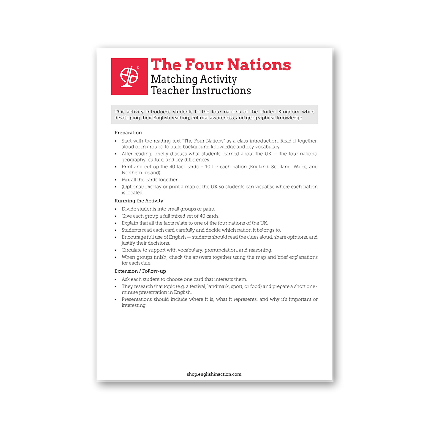 The Four Nations | Discover the UK Reading and Matching Activity