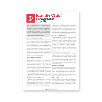 Join the Club! Youth Activities in the UK | ESL Reading & Club-Rules Matching Activity