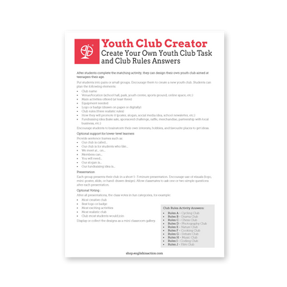Join the Club! Youth Activities in the UK | ESL Reading & Club-Rules Matching Activity