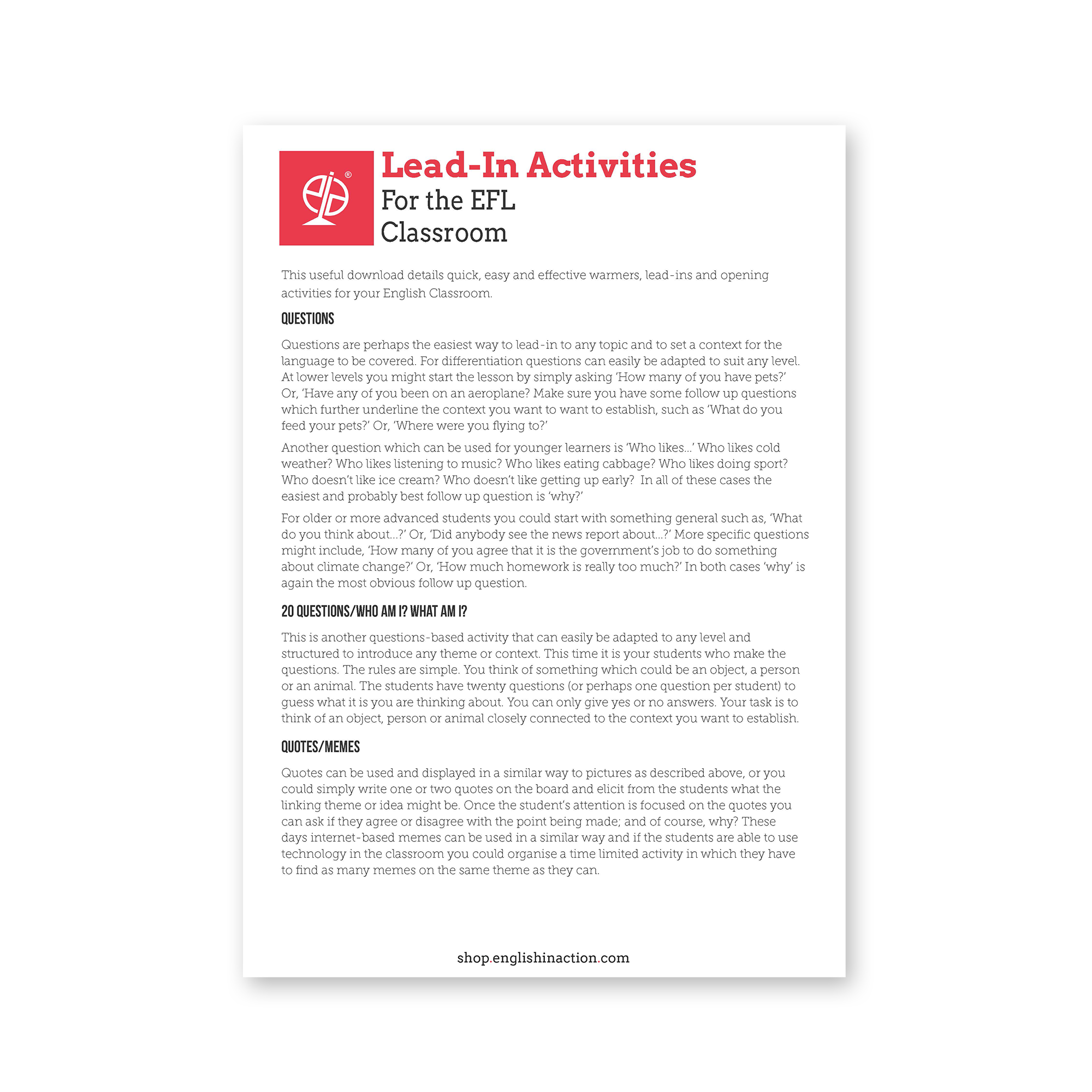 TEFL/ESOL Lead-In Activities | EFL Warmers and Lesson Starters – EiA Shop