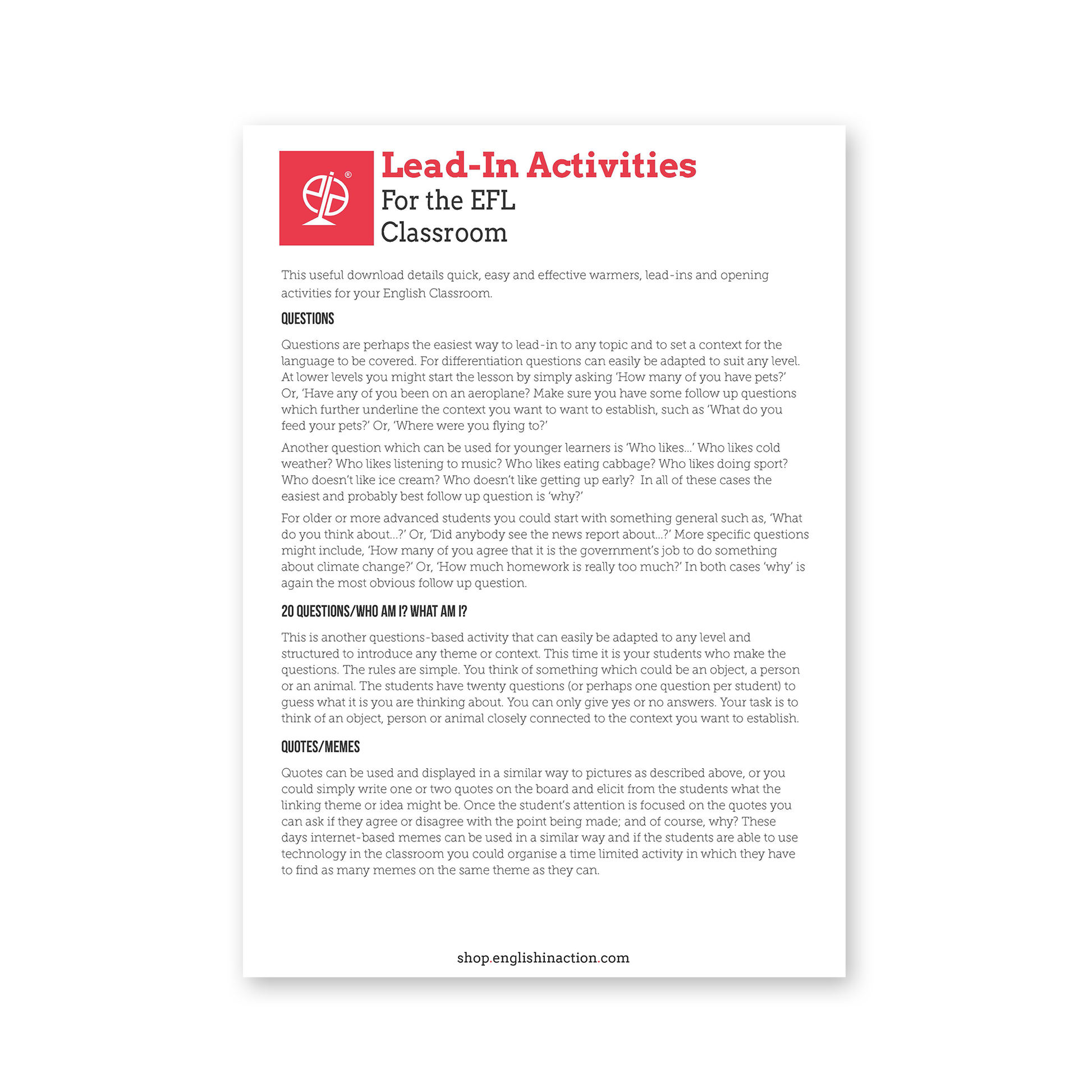 TEFL/ESOL Lead-In Activities | EFL Resource - TEFL-Toolkit.com