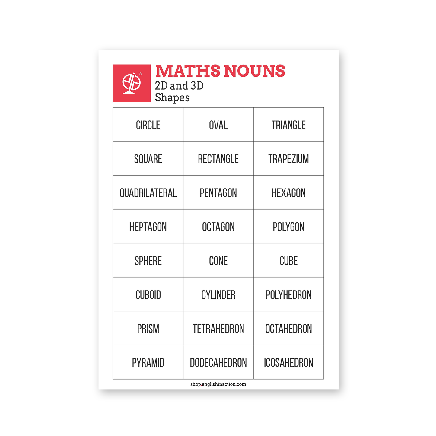 Maths Nouns Vocabulary Cards | EFL Resource