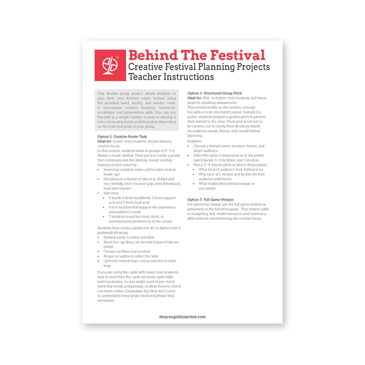 Behind the Festival | ESL Music Festival Planning Game & Creative Project Task