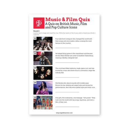 Music & Film Quiz | ESL Pop Culture Quiz on British Songs, Films & Icons