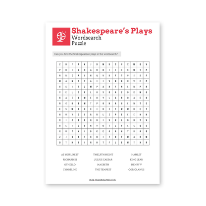 Shakespeare Puzzles | EFL Wordsearch and Crossword - TEFL-Toolkit.com