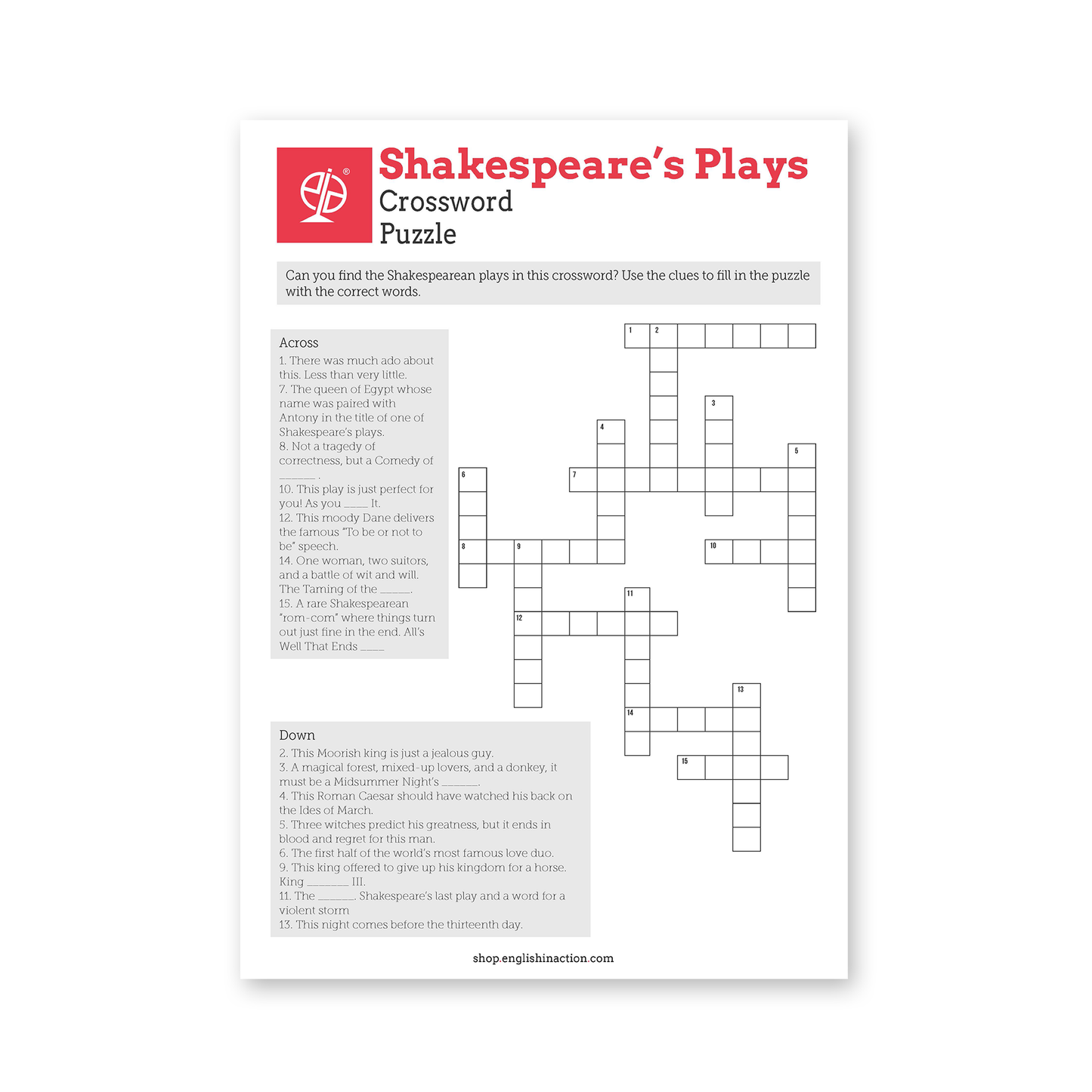 Shakespeare Puzzles | EFL Wordsearch and Crossword - TEFL-Toolkit.com