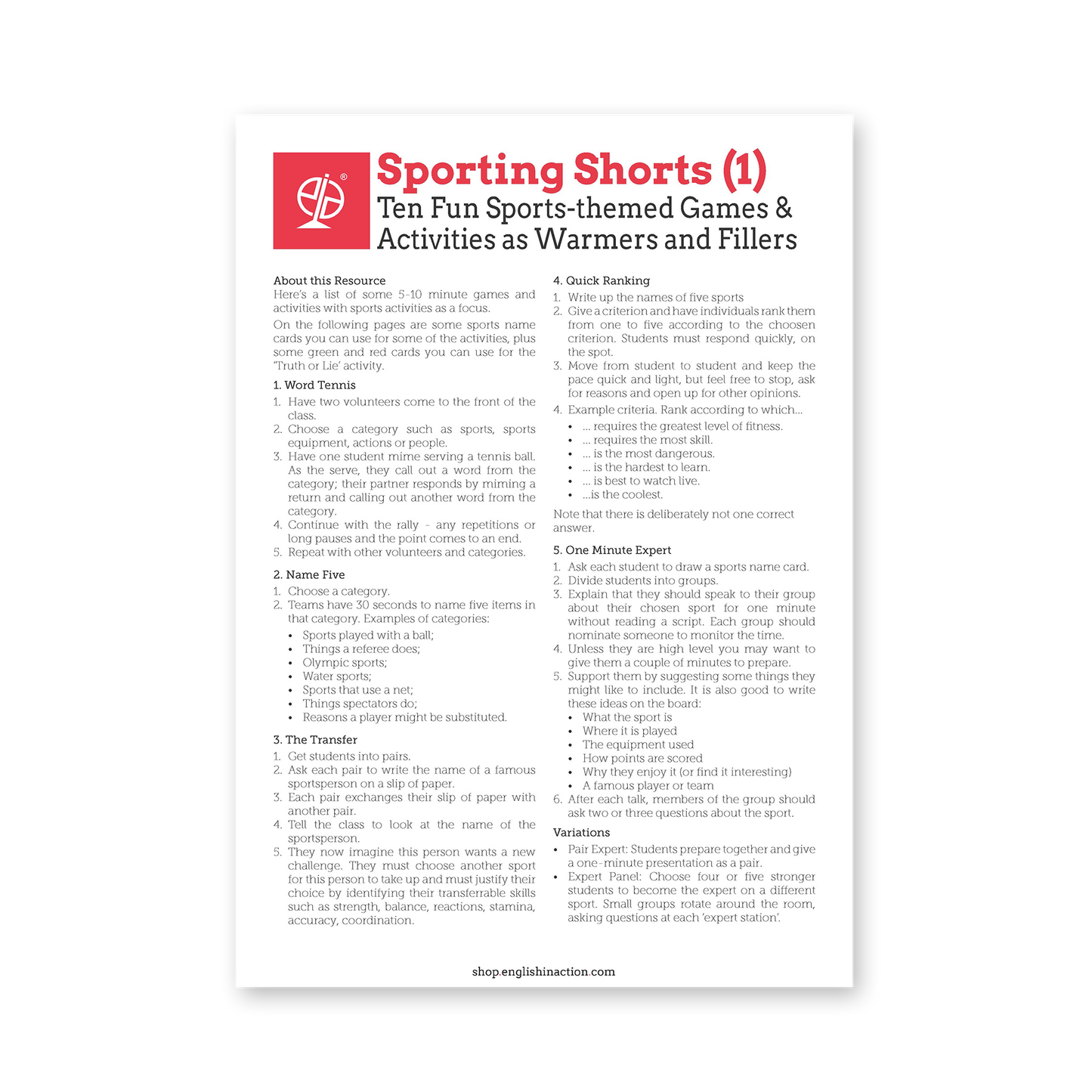 Sporting Shorts | Sports Warm Up and Filler Activities for EFL