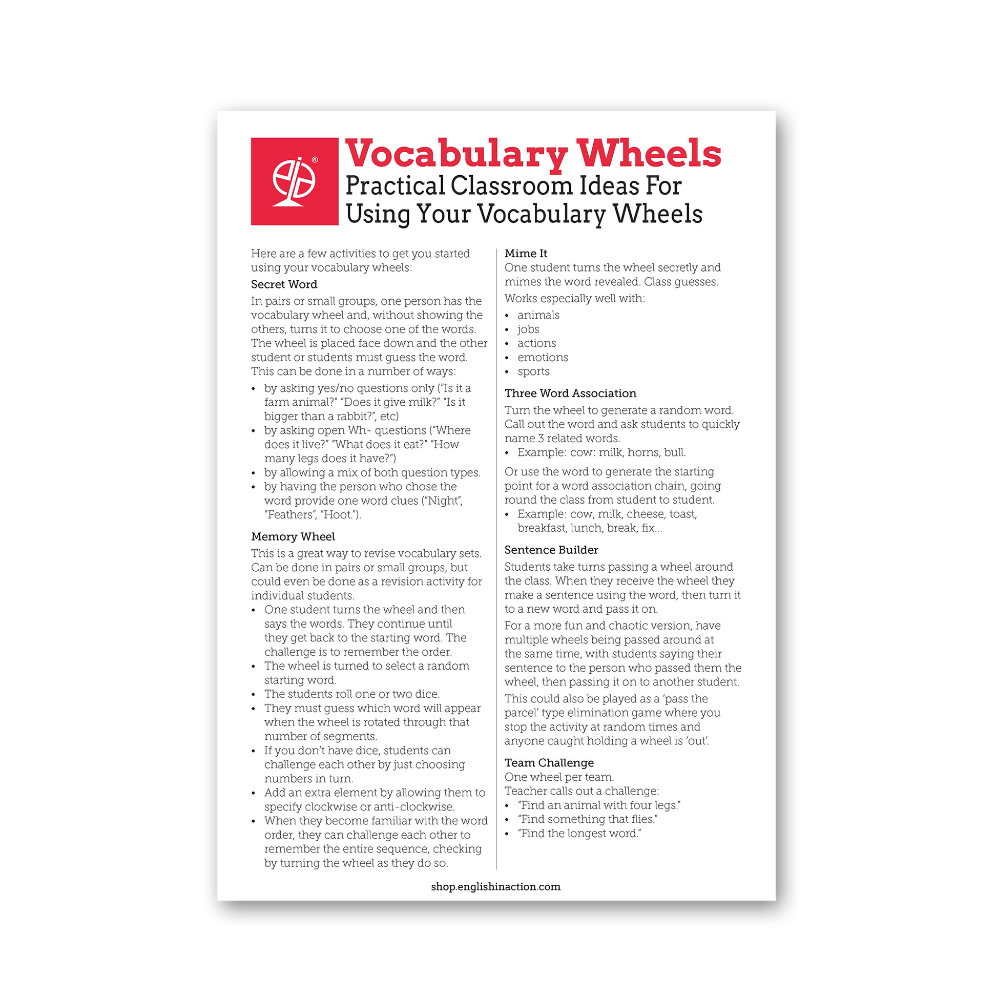 Vocabulary Wheels | Build-and-Use Vocabulary Activities for EFL - TEFL-Toolkit.com