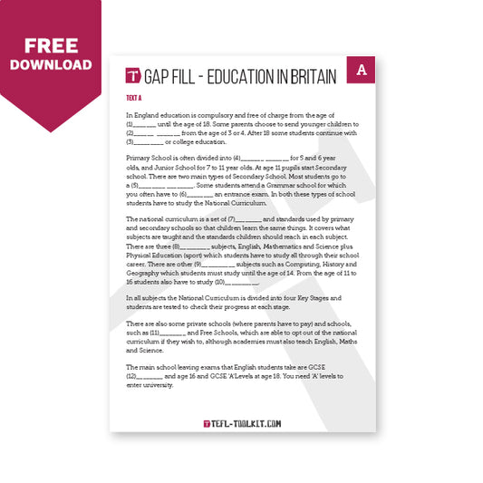 Education in Britain | Gap-Fill Worksheet | EFL Resource - TEFL-Toolkit.com